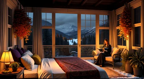 Autumn night, Colorful room in a mansion, Large open balcony terrace which is a furnished veranda. A woman reads a book on the bed.You can see the beautiful snow beyond the hill, 4k, Ultra-high image quality, Luxury space, Moody indirect lighting, indoor p...