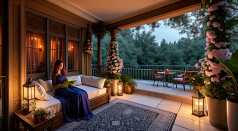 Spring night, Colorful room in a mansion, Large open balcony terrace which is a furnished veranda. A woman reads a book on the bed. You can see the trees blooming in many colors, the birds on the branches beyond the hill, 4k, ultra-high image quality, luxu...