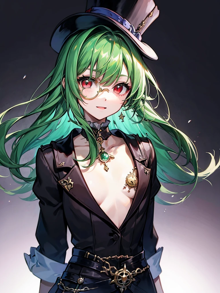 （（（masterpiece、Highest image quality、highest quality、highly detailed unity 8ｋwallpaper）））、（（Illustration of one girl、upper body））、（（（beautiful girl）））、（Emerald green hair、messy hair、sidelocks：1.2、red eyes、crazy smile）、（（（flat chest）））、（（（monocle）））、pocket watch、（（（Black top hat、Black tuxedo、belt）））