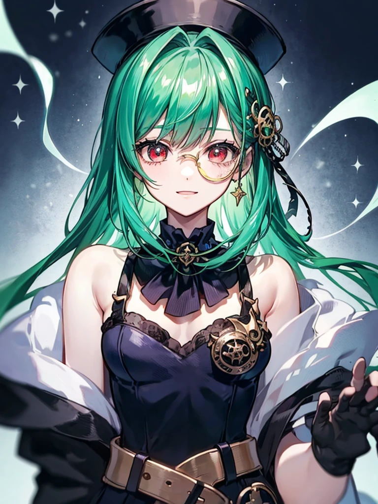 （（（masterpiece、Highest image quality、highest quality、highly detailed unity 8ｋwallpaper）））、（（Illustration of one girl、upper body））、（（（beautiful girl）））、（Emerald green hair、messy hair、sidelocks：1.2、red eyes、crazy smile）、（（（flat chest）））、（（（monocle）））、pocket watch、（（（Black top hat、Black tuxedo、belt）））