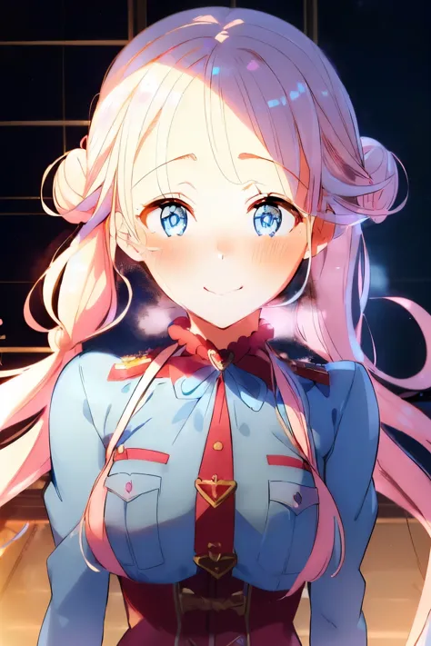 (1girl, solo), pink hair, blue eyes, bangs, braid, hair buns, twintails, twin braids, (blue eyes:1.5), long hair, (small breast:1.2), (hair ribbon, Red Outfit, military uniform, military,) looking at viewer, crazy smile, blush, indoor, (masterpiece:1.2), b...