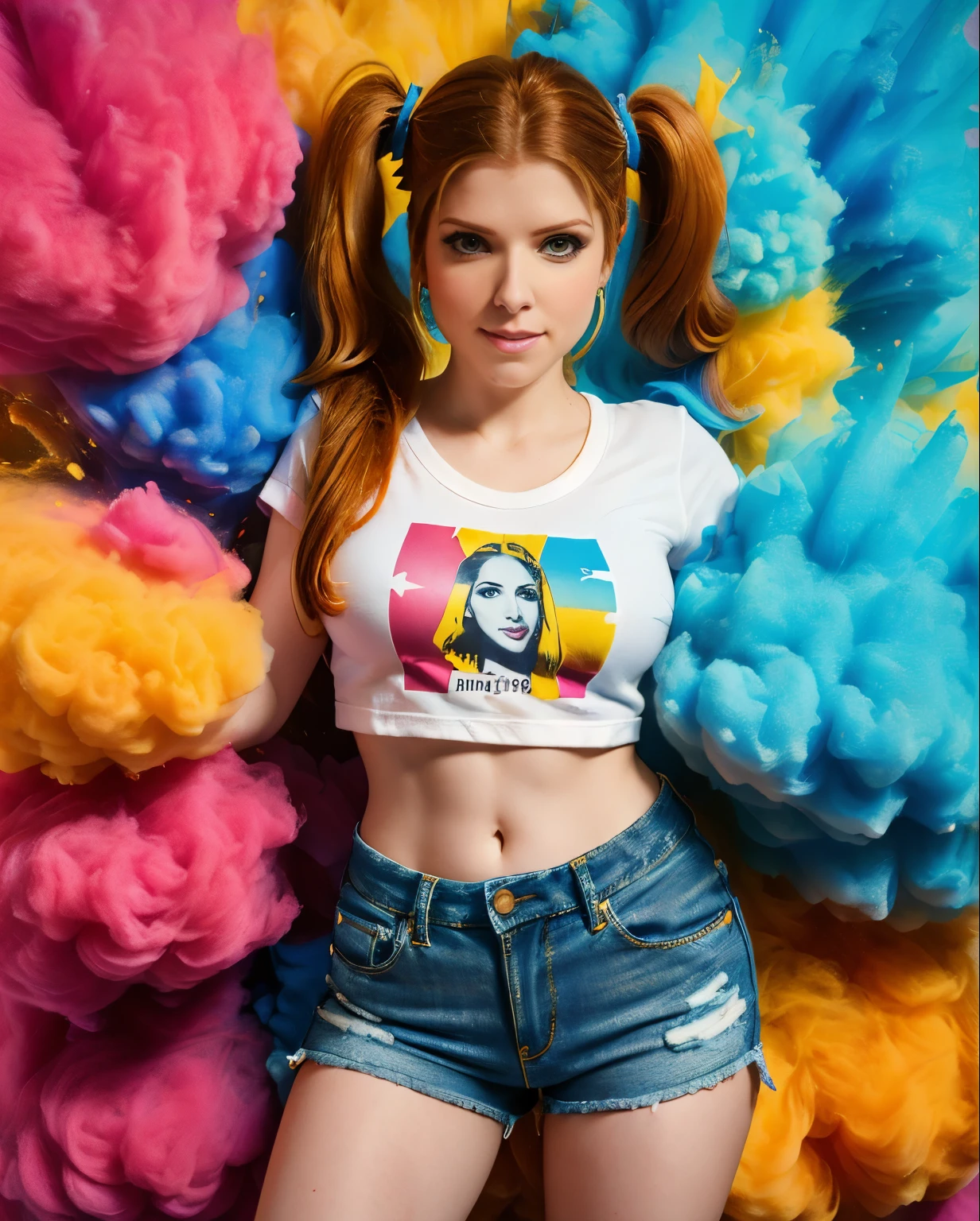 ((4nn4k-v1,Anna Kendrick,  camiseta molhada, bigfaketits, mamilos excitados)),master part,best quality,intrincado,aesthetic,Rosto detalhado,Subsurface scattering,Olhando para o Viewer,
1girl,foto de uma  bonito corpo inteiro,Sorriso leve,encantador,20 anos,cabelo twintails.crew cut,colorido,splatter de tinta,Tecelagem,pano,
BigFaketits, shorts jeans rasgado e curto