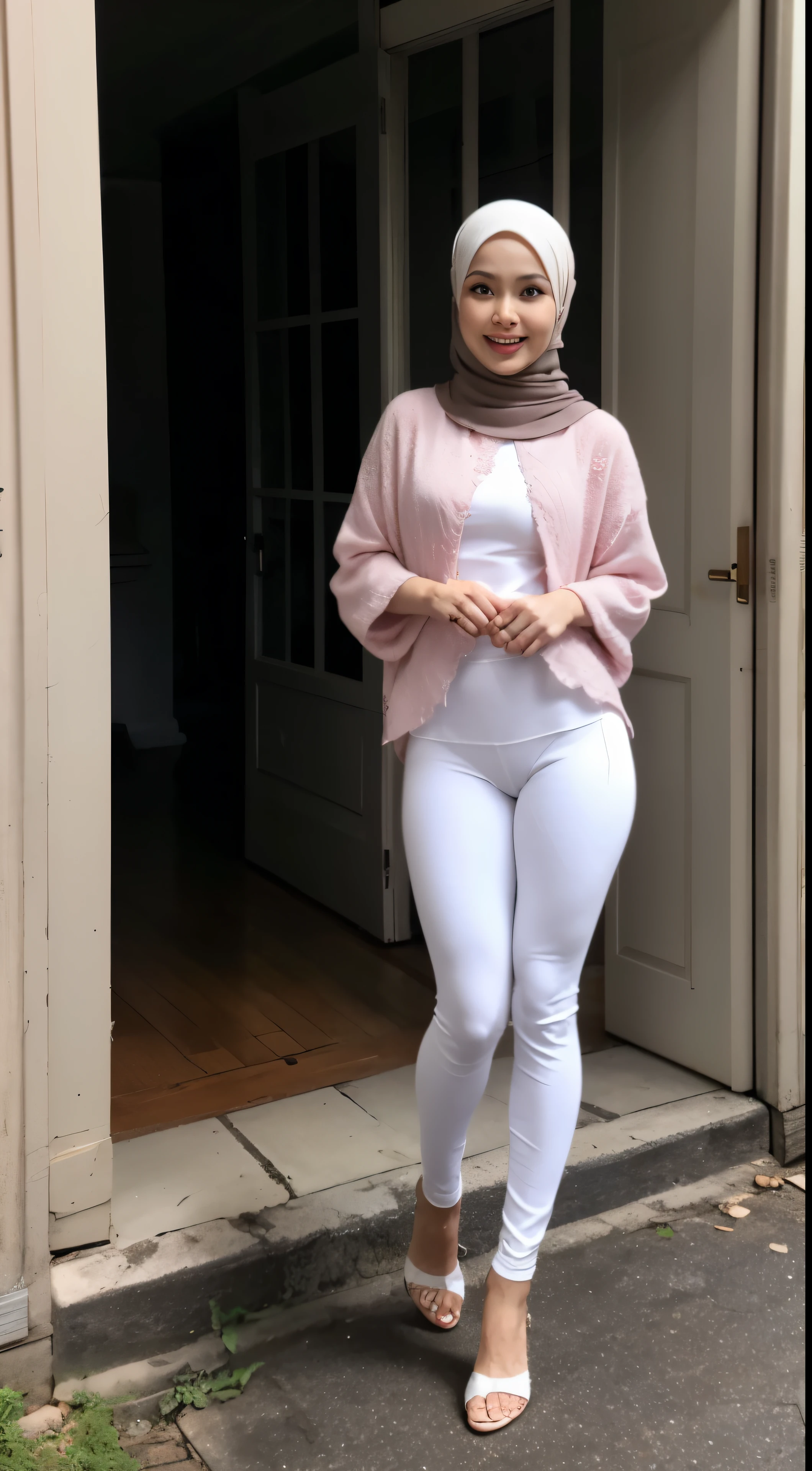 Uma mulher de calça branca e um suéter rosa do lado de fora - SeaArt AI