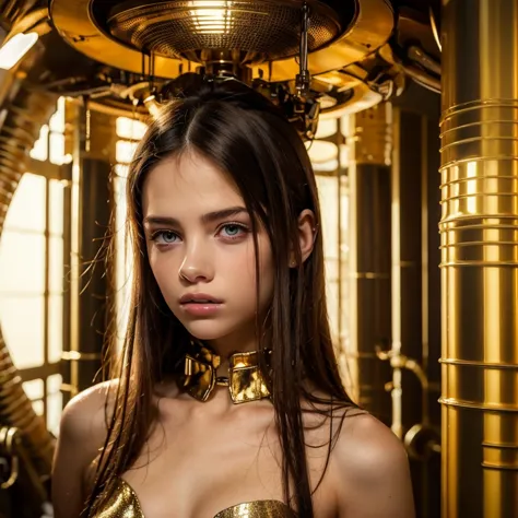 16 year old white european girl wearing a gold and black cyberpunk suit, vaultsuit with technology attached. hi tech, cyberpunk ...