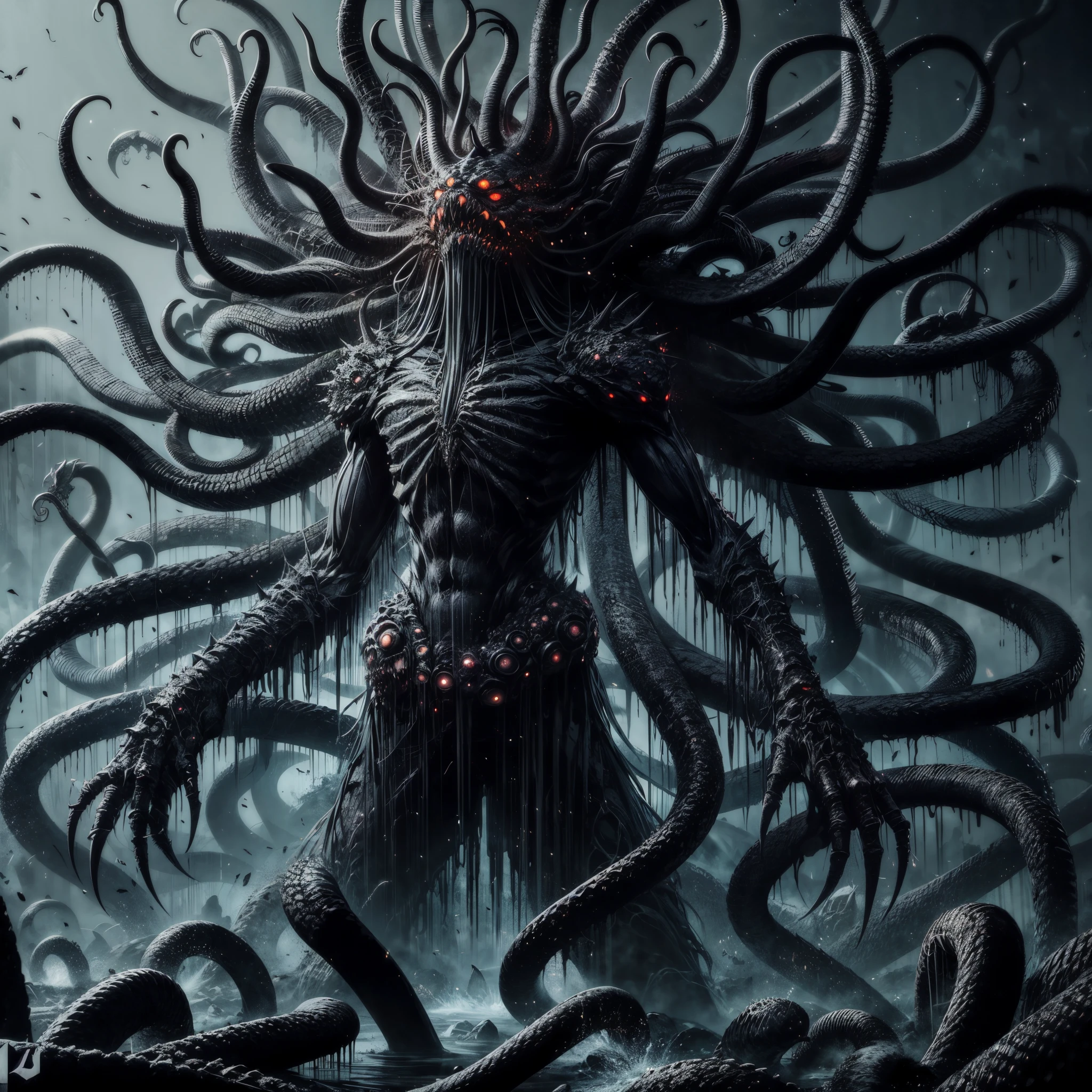 dark soul boss, Elden Ring style, HP.lovecraft,a terrific creature, an ...