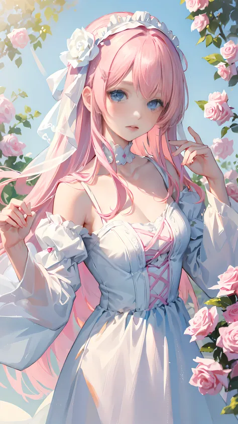 ((masterpiece)), high quality, super detailed, pink hair + White clothes: 1.2, sweet and delicate girl, Exquisite facial feature...