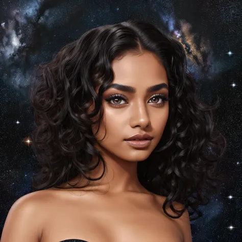 a girl average skin tone in a black dress with her curly hair filled by galaxy, oil painting, lindos olhos detalhados, beautiful...