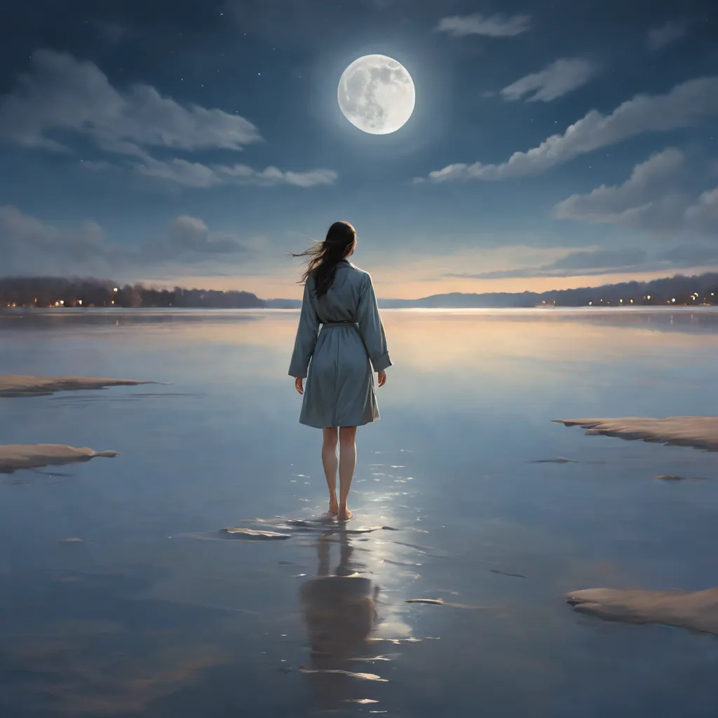 super fine illustration, best quality, winter full moon night, a woman standing on the shore of a lake. Walking barefoot, listen...