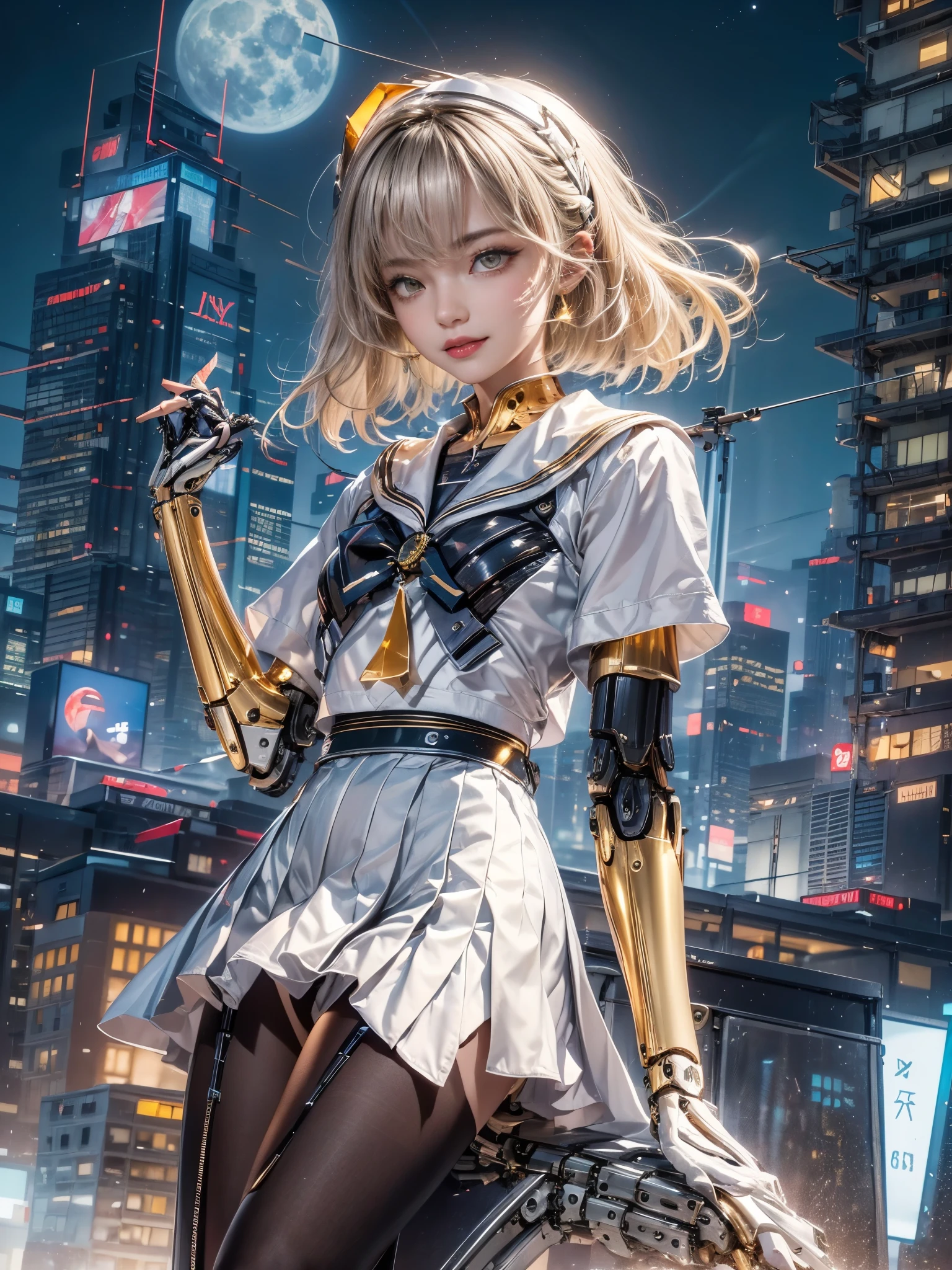 cinematic lighting,super dense skin、Beautiful quality with attention to detail,perfect anatomy,cyber punk、(dim color, pleasant color:1.3),(Detailed beautiful facial features、golden eyes:1.3)(sailor suit、Black pleated skirt:1.4)(Arms and legs are mechanical:1.4)（16 year old beautiful woman with short bob hair and silver hair:1.2）smile（have fun playing the guitar、highly detailed hands:1.4）Buildings in a big city at night、roof of the building、Play the guitar（Highly detailed feet:1.3）acrobatic（deep at night、shining moon、beautiful night:1.5）、whole body