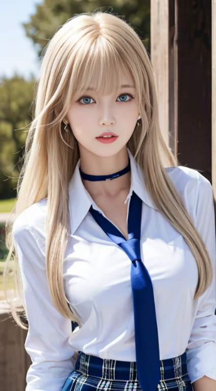 masterpiece, highest quality, High resolution, Kitagawa Marine, 1 girl, blonde hair, long hair, flowing bangs, gradient hair, red eyes, jewelry, earrings, earrings, school uniform, white shirt, Tied shirts, black choker, blue tie, plaid skirt, glossy lips, parted lips, Are standing, cowboy shot, outdoor,