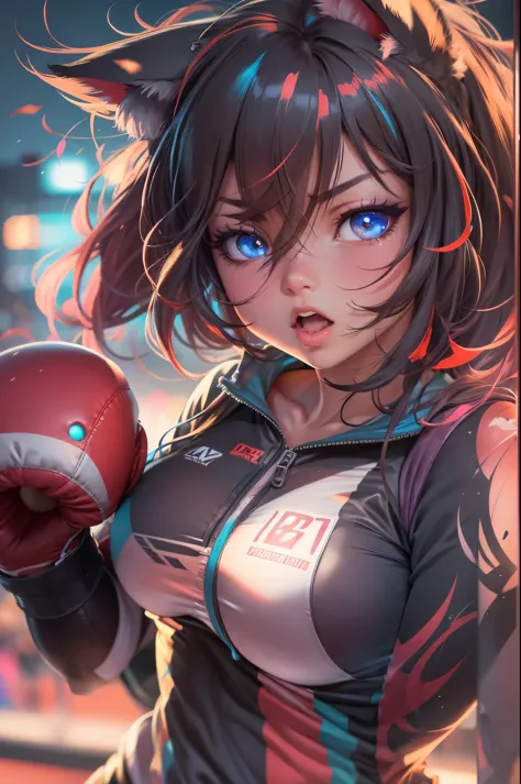 anime girl, cat ears, long hair, boxing outfit, boxing gloves, vibrant colors, dynamic pose, bright lighting, detailed facial features, realistic eyes and lips, anime style, dramatic shadows, high resolution, professional, action-packed, energetic backgrou...