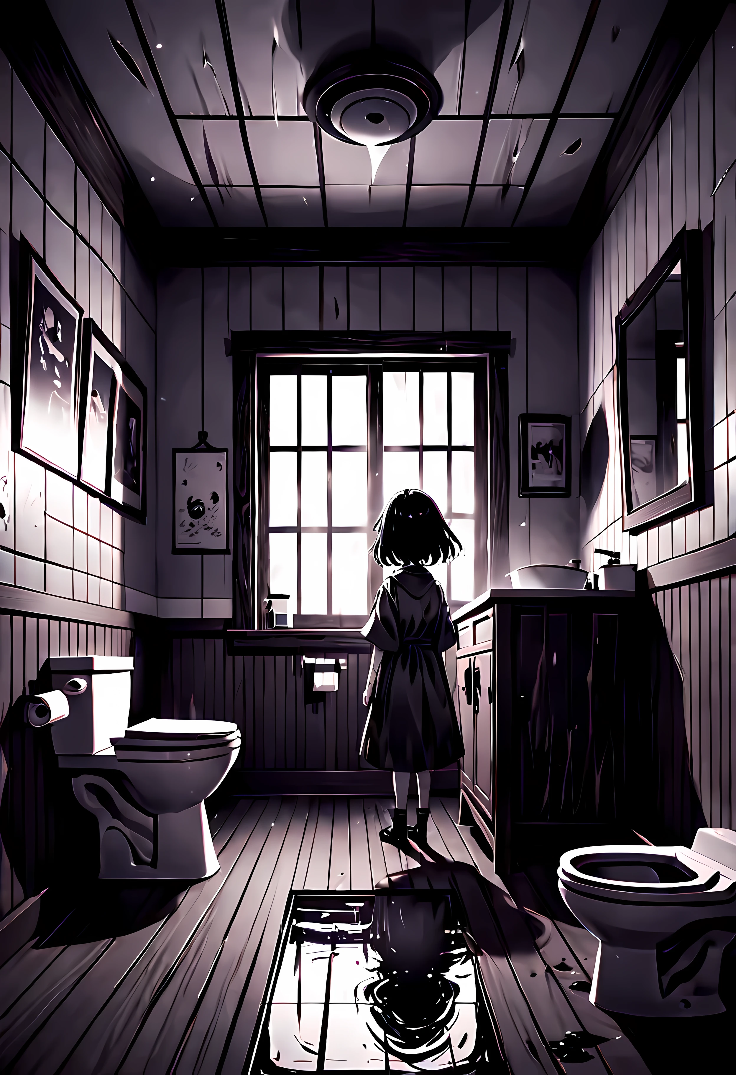 (best quality,4k,8k,highres,masterpiece:1.2),ultra-detailed,realistic:1.1,black and white,hatched lines,detailed linework in a Japanese line art style,creepy and eerie toilet room scene,jagged shadows,stark contrast between light and dark,gritty texture,ominous mood,distorted perspective,subtle hints of blood,horror manga-inspired ,ominous aura surrounding the room,spooky ambiance,subtle hints of paranormal activity,unsettling atmosphere,ghostly figures lurking in the shadows.