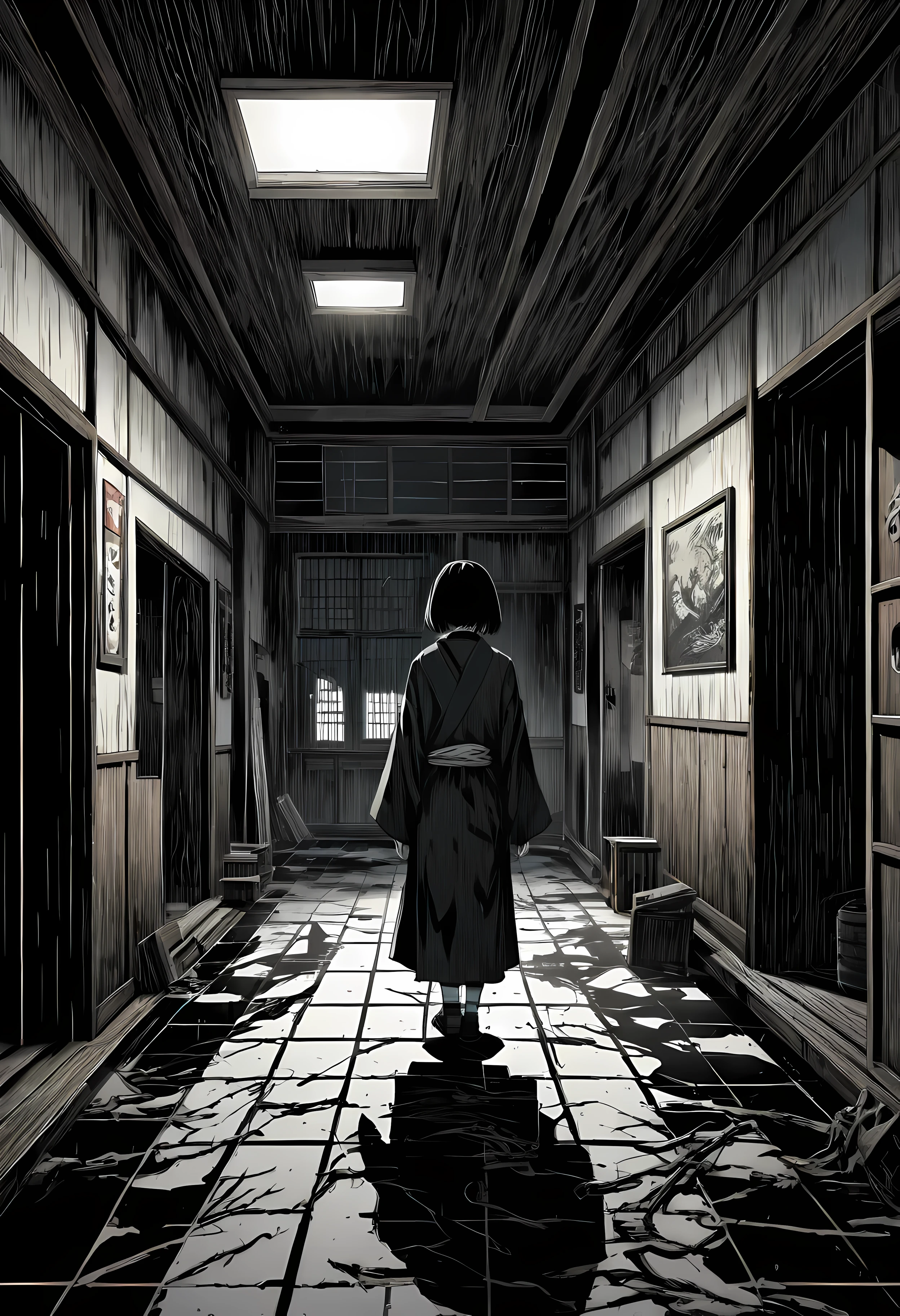 (best quality,4k,8k,highres,masterpiece:1.2),ultra-detailed,realistic:1.1,black and white,hatched lines,detailed linework in a Japanese line art style,creepy and eerie school yard scene,jagged shadows,stark contrast between light and dark,gritty texture,ominous mood,distorted perspective,subtle hints of blood,horror manga-inspired ,ominous aura surrounding the room,spooky ambiance,subtle hints of paranormal activity,unsettling atmosphere,ghostly figures lurking in the shadows.