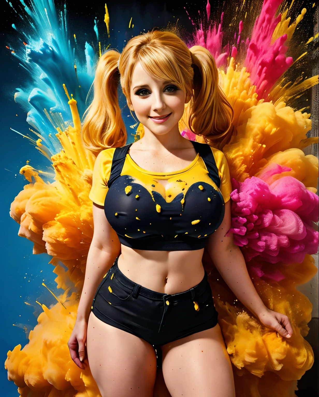 Araffe woman in a black and yellow bikini posing in front of a colorful  explosion - SeaArt AI