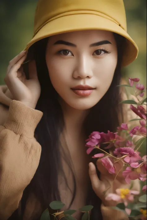 Stunning vibrant portrait of a young Asian woman wearing a hat, holding a beautiful flower in her hand. The woman's face is ador...