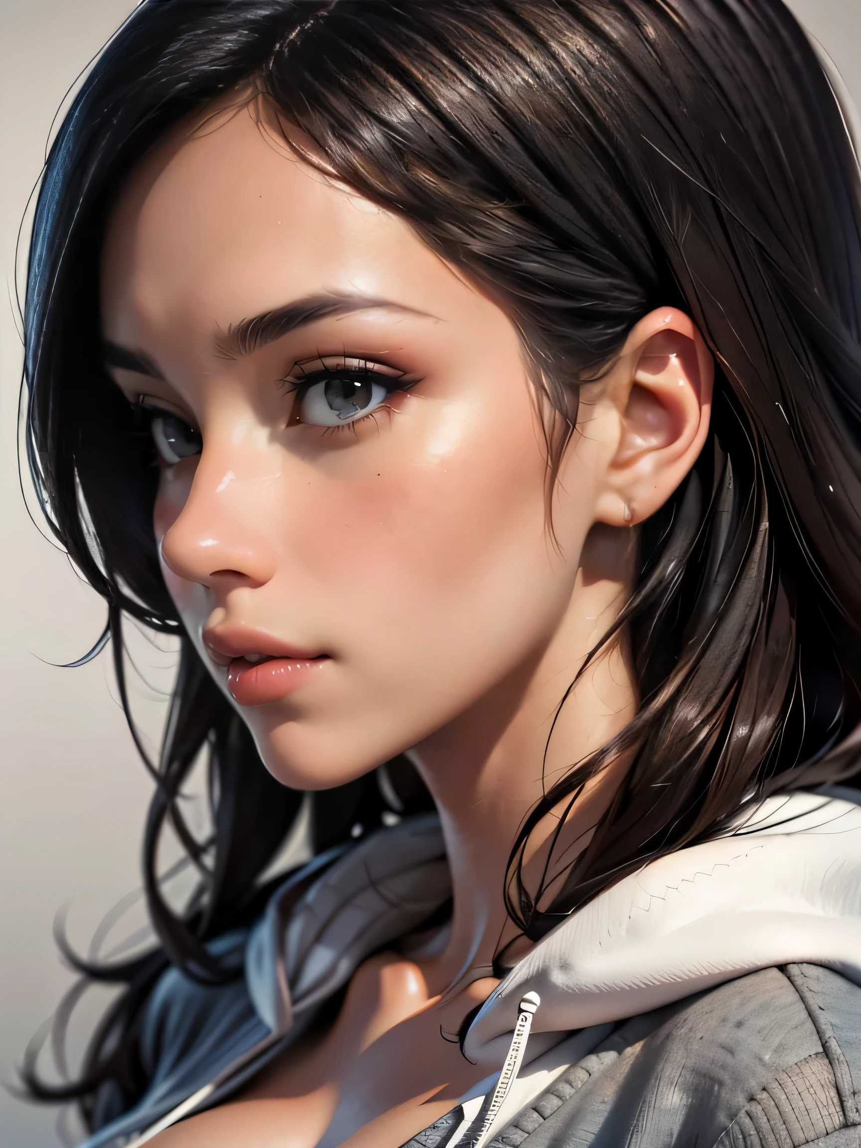 (((HD photo))), ultra high res.photorealistic:. 1.4, UHD, masterpiece, trending on artstation, side profile shot, close up, portrait, pretty, cute girl, most beautiful in the world, perfect hips, soft, delicate, long dark hair, large breasts, wearing grey hoodie, sunkissed, minimal background