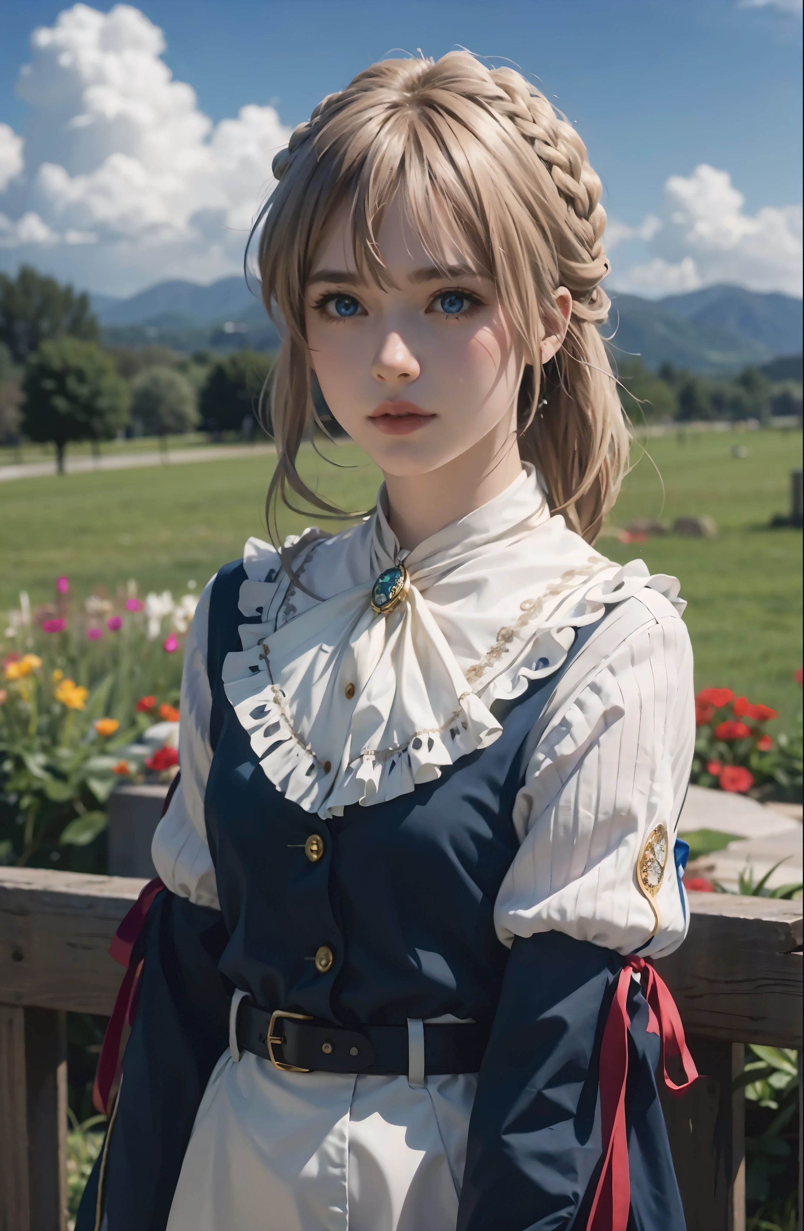 purple, 1 girl, alone, looking at the audience, blue eyes, blonde hair, ribbon, hair between eyes, jewelry, close your mouth, jacket, hair ribbon, Upper body, braid, outdoor, Sky空, Sky, cloud, red ribbon, blue Sky空, ascot, hair intake, blue jacket, brooch, white ascot, masterpiece ，HD