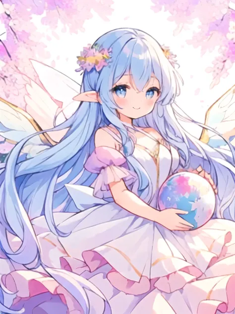beautiful fairy girl in tiered colorful gradient ballgown dress, highest quality,masterpiece,16K or 8K,Super detailed,gradation glitter ,One piece with plenty of frills、 queen of the fairies, giant white fairy wings、 Flowers and colorful plants, beautiful,...