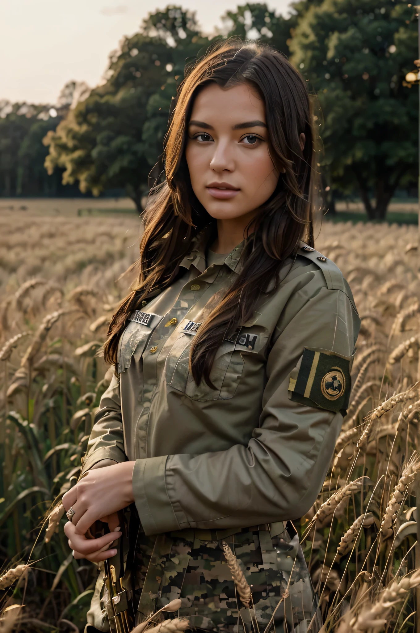 Arafed woman in a military uniform standing in a field of wheat - SeaArt AI