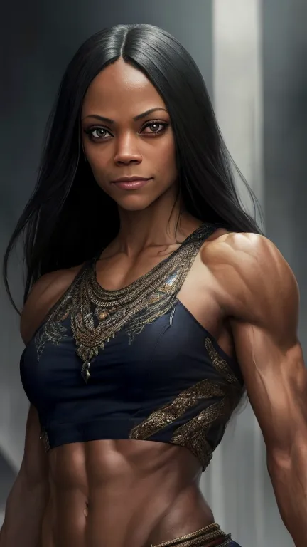 8k portrait of Zoe Saldana muscular, veins everywhere, smiling, gym clothes, intricate, 35 years old, gym background, full body,...