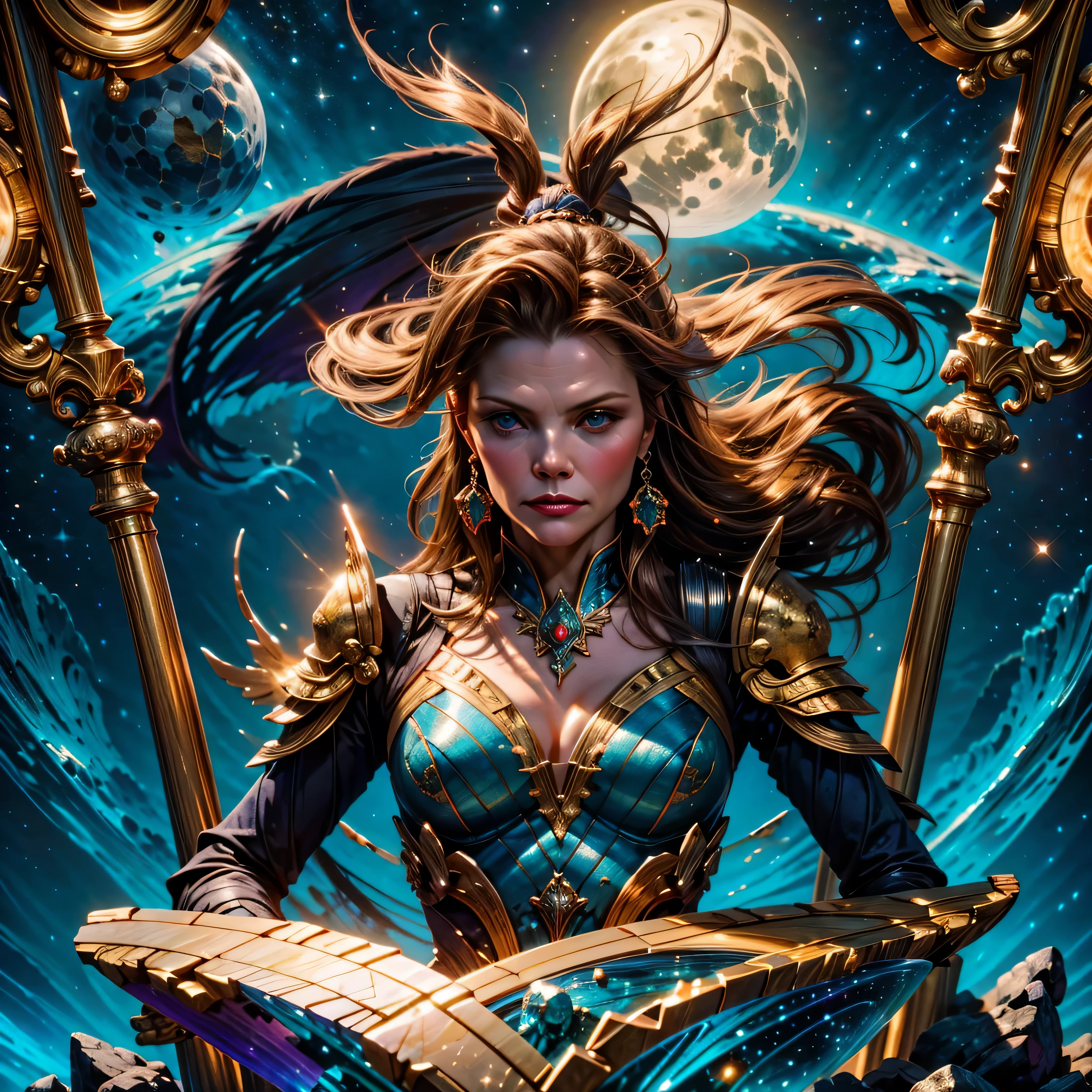 Epic Beautiful painting of Michelle-Pfeiffer as perfect gorgeous female warrior, shapeless long fullbody, perfect features, (wearing extremely baroque armor Chainmail_Armor), abstract beauty, near perfection, pure form, dynamic pose, ethereal background, (deep dark shadows), (strong cinematic lighting), (back lighting), "Michelle-Pfeiffer" concept art by Greg Rutkowski and John William Waterhouse and Alphonse Mucha, epic stunning details, intricate details, hyper post-production, ultra High resolution, ultra high details, trending on ArtStation, ultra sharp focus, depth of field f/1.8, studio photos, (((looking at camera))) magv1ll high details, best quality, absurdres [ultra detailed], masterpiece, ultra high best quality, (extremely detailed), dynamic angle, ultra wide shot, photorealistic, ((fantasy art)) ((larry elmore style)), dnd art, rpg art, realistic art, female human druid of the stars, guardian of nature, controlling magical energy made of stars, swirling blue stary magical light, divine symbols (1.5 intricate details, Masterpiece, best quality, absurdres), human female, extremally beautiful, ultra feminine, dynamic hair, dynamic hair color, wearing leather armor, holding a staff, moon light, stars, dynamic natural background, RPG art, magical atmosphere magic-fantasy-forest, ultra best realistic, best details, best quality, absurdres, [ultra detailed], masterpiece, ultra best quality, (extremely detailed), ultra wide shot, photorealism, depth of field, hyper realistic painting, 3D rendering, varies multi etc. --v 6 --s 1000 --c 20 --q 20 --chaos 100