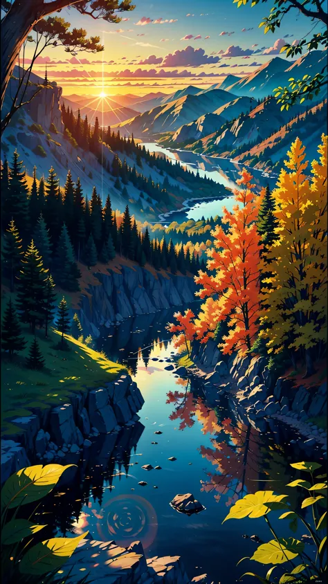 rugged mountain roads，clear and transparent lake，the trees，bushes，falling leaf，sun at dawn，cliffs and mountains，the morning sun ...