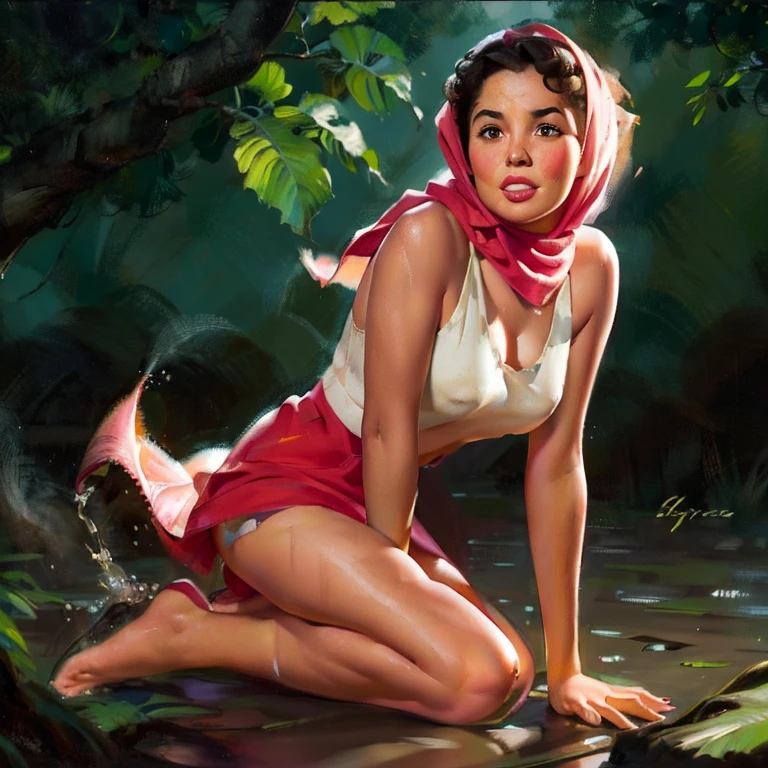 Typhoon, photorealistic full body portrait. amazingly cute malay woman with torn pink pastel shawl style hijab in her twenties crying against the background of fantastic jungle and muddy ground, clear white skin, wet and muddy, scratches everywhere, face dirty with torn ripped dirty hijab, bare feet without underwear, torn and tattered tank top, torn pleated skirt, white skin, chest, thighs, smooth skin, frightened desperate, desperate expression, isometric details, amazingly realistic pictures, 8K High Quality Medium Dark Lighting, High Detail, Detail Eye, Detail Face, remove all clothes