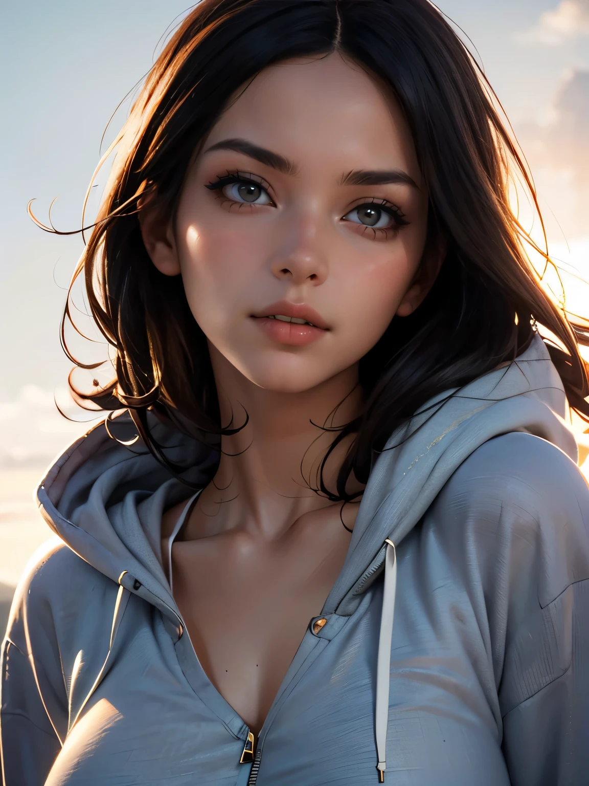 (((HD photo))), ultra high res.photorealistic:. 1.4, UHD, masterpiece, trending on artstation, frontal shot, close up, portrait, pretty, cute girl, most beautiful in the world, perfect hips, soft, delicate, long dark hair, large breasts, wearing grey hoodie, sunkissed, minimal background