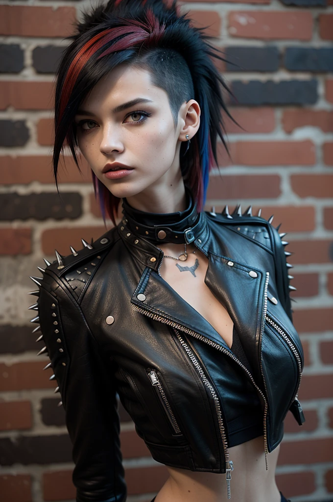Young punk girl, 25 years old, multi-colored hair, ((red-black hair)), ((mohawk)) slender figure, black biker jacket, cleavage, black leather bra with spikes, black leather pants, posing against a red brick wall, visual  contact, looks at viewer, masterpiece, best quality, perfect detail, perfect face detail, perfect eye detail, perfect skin detail, depth of field, perfect lighting