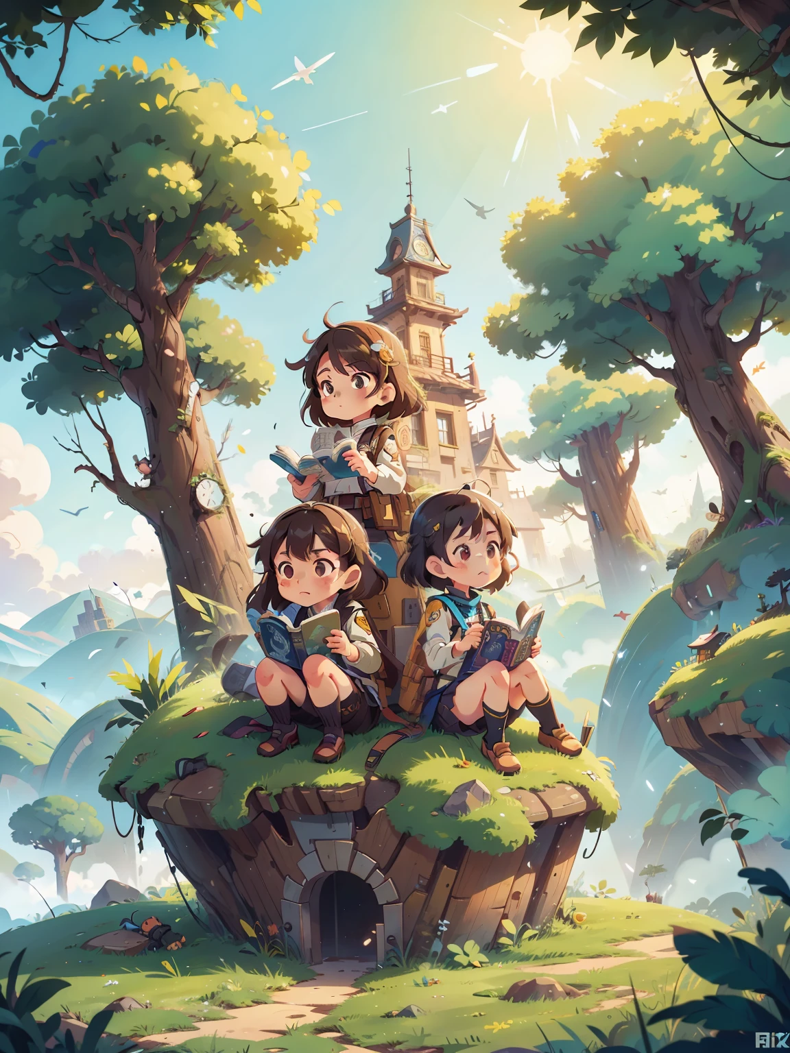 shinkai mokoto y ghibli estilo anime, Tres niñas y un niño están parados frente a un cielo nocturno, Universo de primera línea de chicas, guweiz en pixiv artstation, chicas de primera línea cg, Fondo de pantalla manga 4k, obra de arte al estilo de guweiz, mejor fondo de pantalla de anime 4k konachan, Estilo de la colección Kantai, guweiz en artstation pixiv, guweiz, chicas de primera línea estilo l con traje de aventura sentadas en un escenario cubierto de musgo mirando la majestuosa ciudad perdida y el árbol gigante del mundo al lado, ciudad perdida sobre la nube y el cielo imponente, partícula brillante mágica, vibrante cielo colorido de ensueño y nubes esponjosas, libros, manzana, anteojos, Calma,pétalo,pelo que sopla el viento,ellos son