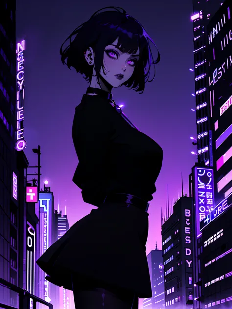 neon palette, 1girl, (masterpiece), short black hair, side swept bangs, dark purple eyes, oversized black shirt, black skirt, bl...