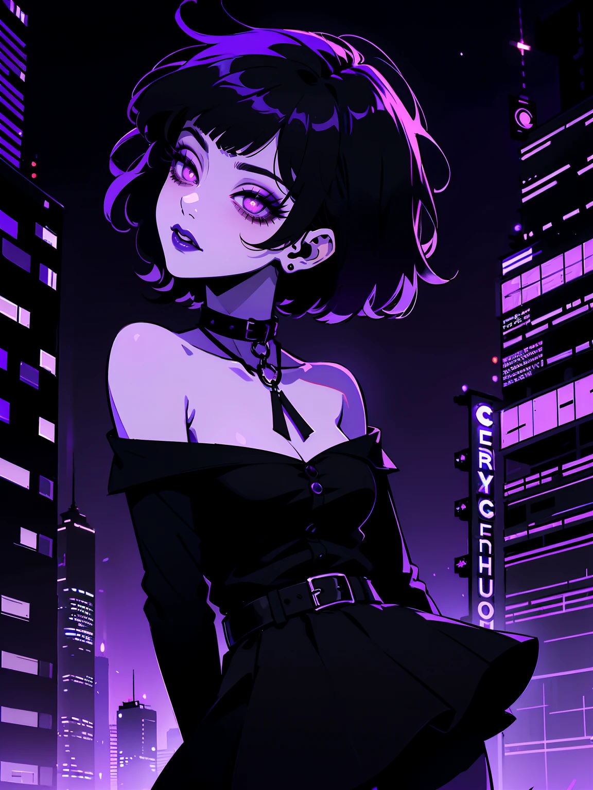 neon palette, 1girl, (masterpiece), short black hair, side swept bangs, dark purple eyes, oversized black shirt, black skirt, black pantyhose, black choker on neck. (purple gradient night time city background:1.5)