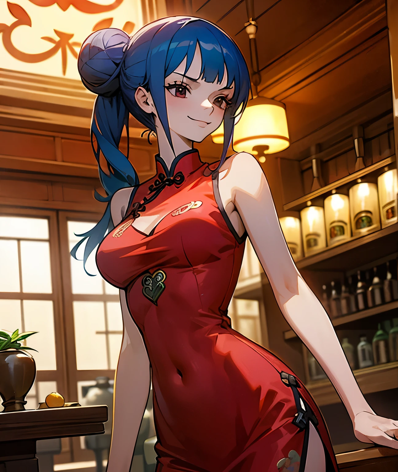 Wine red sleeveless cheongsam separates,Navel exposed,white skin,girl,one piece,peacock blue hair color,long twintails,Two bun hairstyles,glamorous,smile,Clothes with an open chest,medicinal herbs,pharmacist,mix medicine,antique pharmacy,acupuncture,china drug store,indoor,Foliage plant