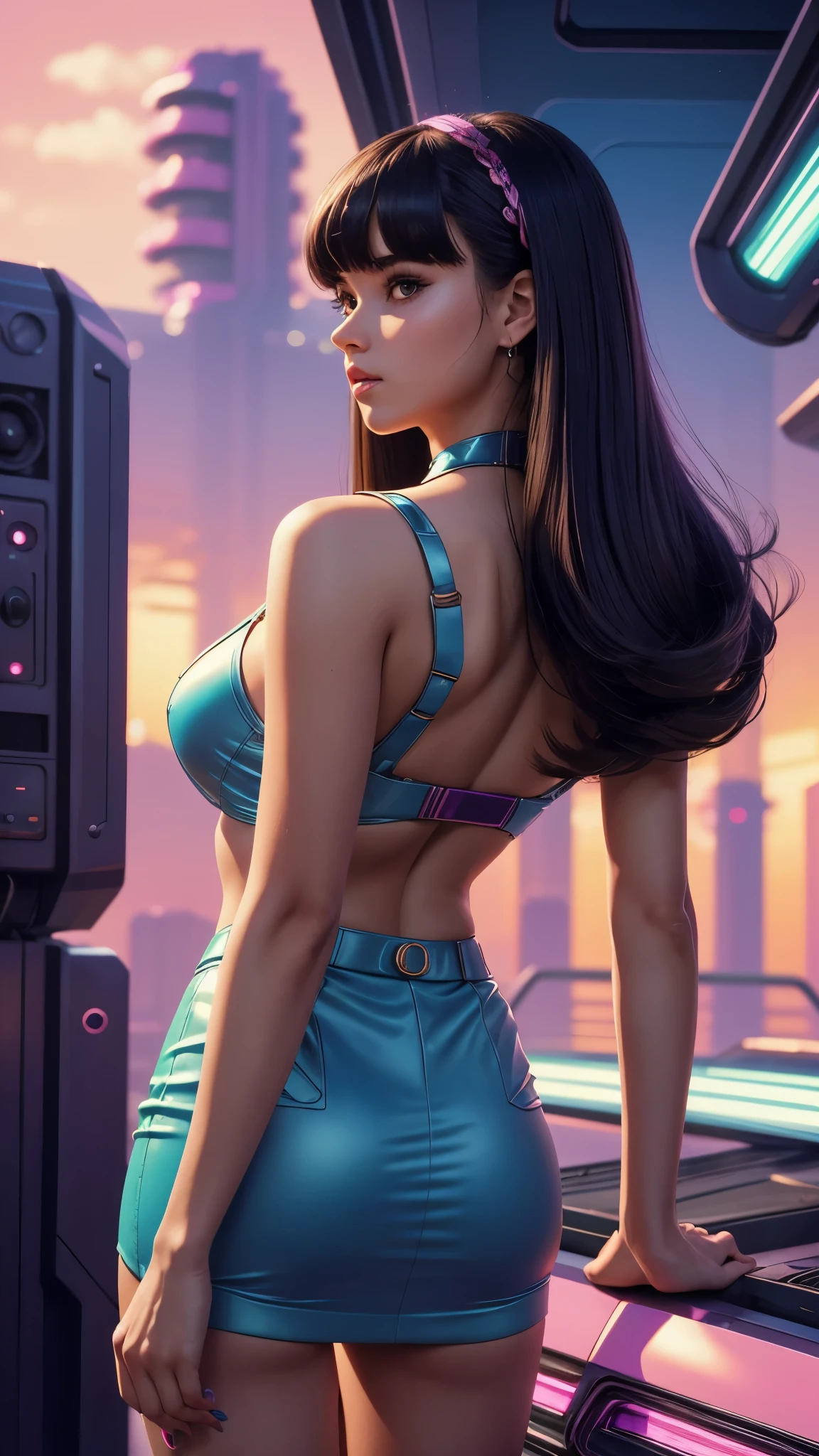 Masterpiece, Top Quality, Super Detail, 8K, 1girl, blunt bangs, long hair, vaportrap, retro-futurism background, 80's look, back view, look over her shoulder