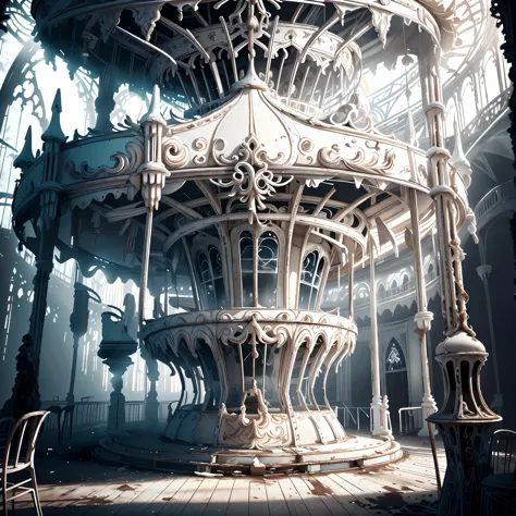 Close-up of a white abandoned carousel, fantastic atmosphere and drama, eerie aesthetics, detailed white interior, atmospheric, ...