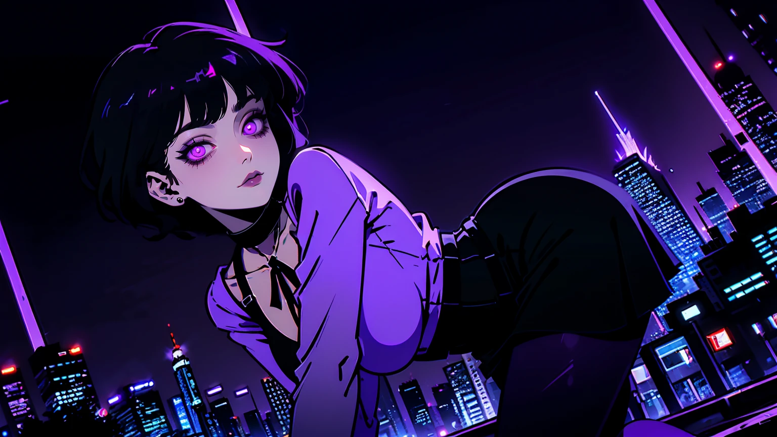 neon palette, 1girl, (masterpiece), short black hair, side swept bangs, dark purple eyes, oversized black shirt, black skirt, black pantyhose, black choker on neck. (purple gradient night time city background:1.5)