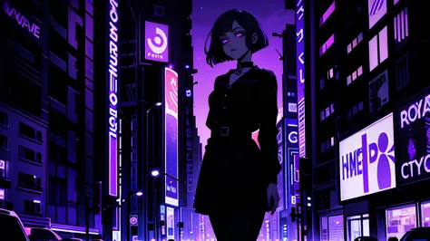 neon palette, 1girl, (masterpiece), short black hair, side swept bangs, dark purple eyes, oversized black shirt, black skirt, bl...