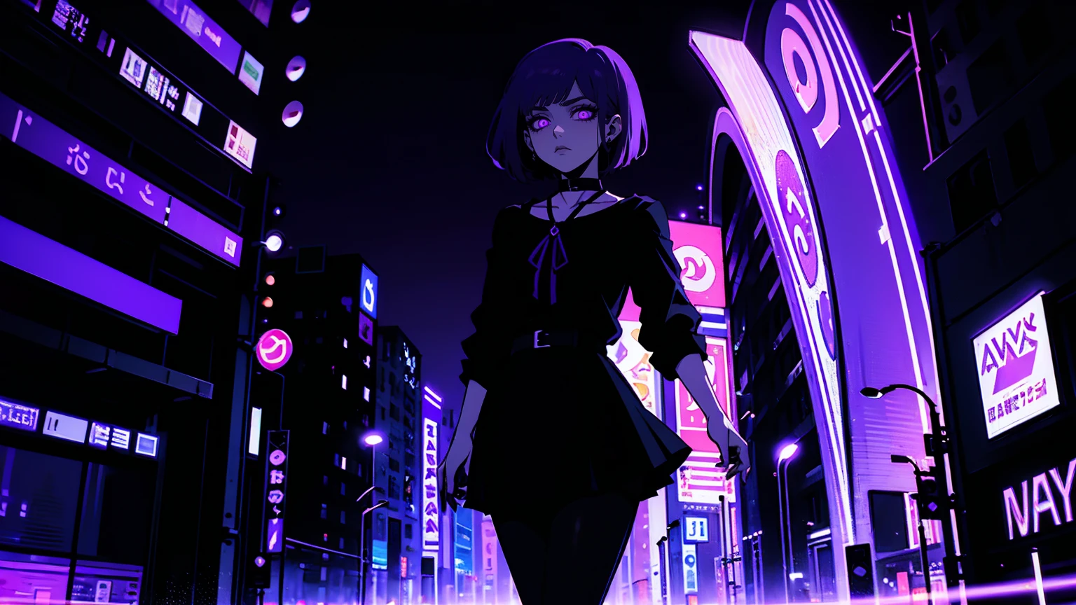 neon palette, 1girl, (masterpiece), short black hair, side swept bangs, dark purple eyes, oversized black shirt, black skirt, black pantyhose, black choker on neck. (purple gradient night time city background:1.5)