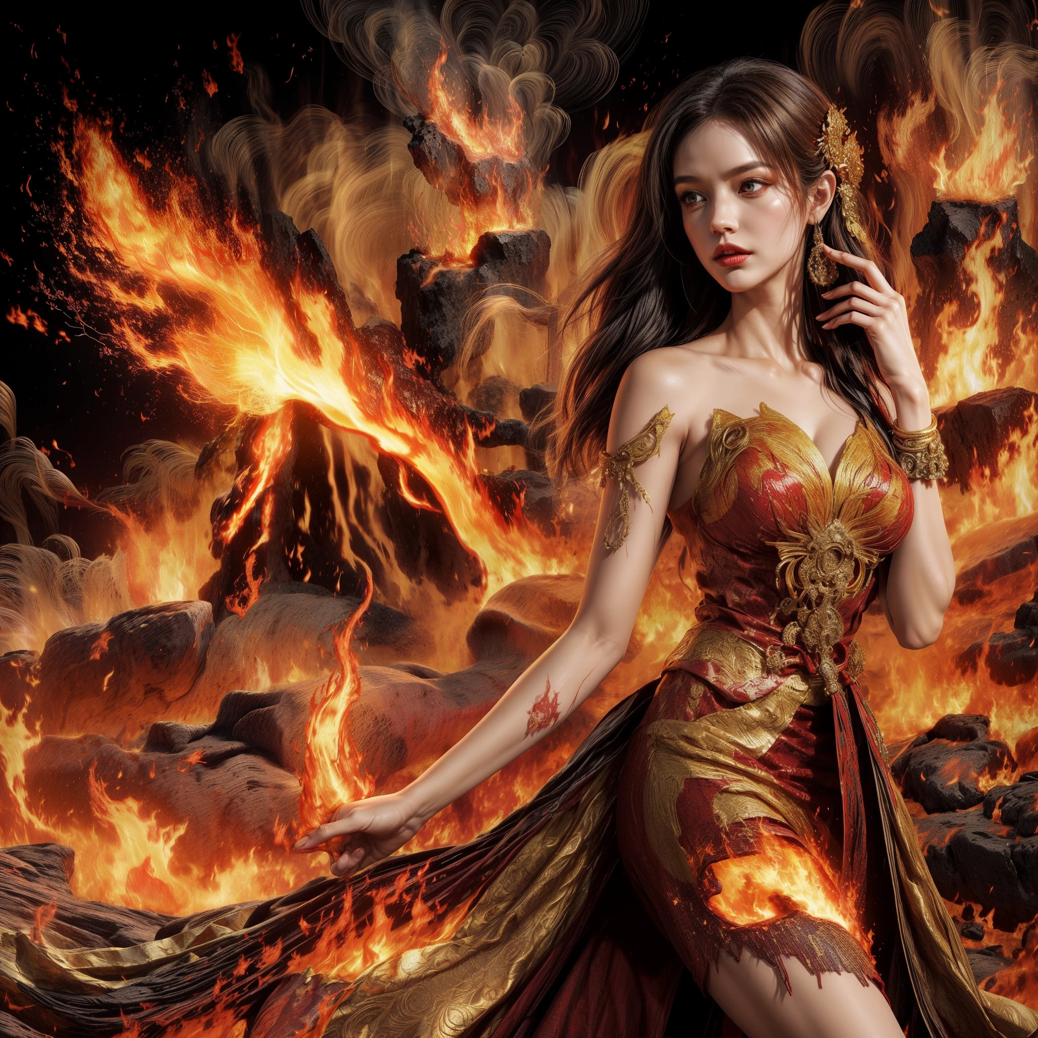 A woman in a dress is standing in front of a fire - SeaArt AI