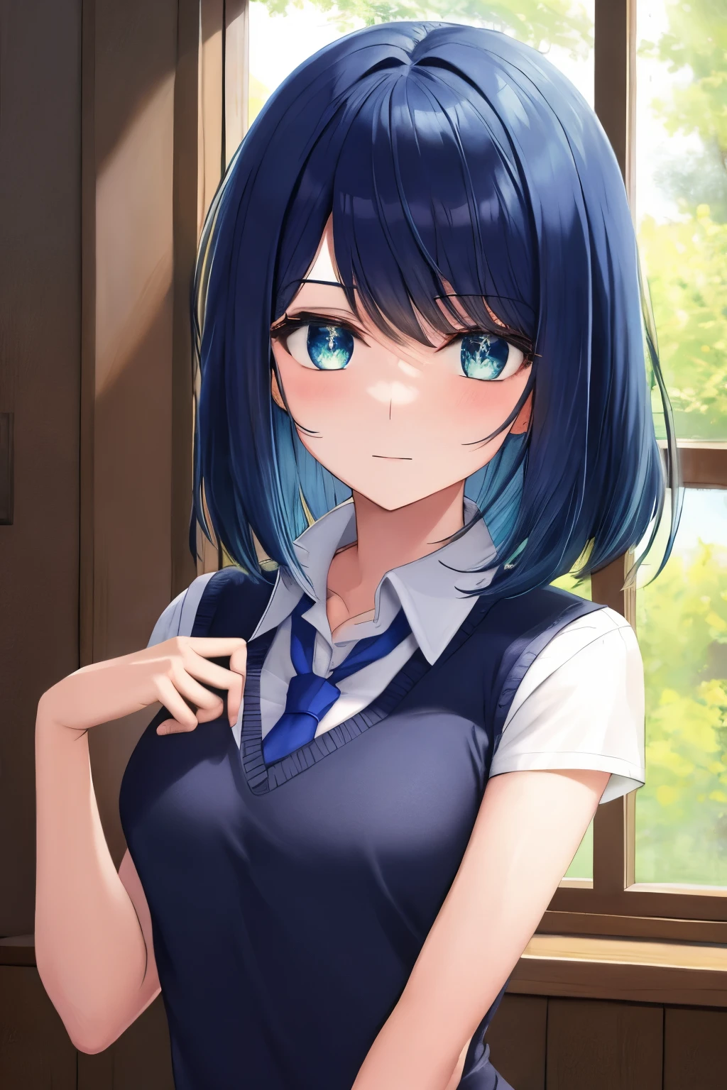 (masterpiece, best quality: 1.2), close-up shot,anime girl with blue hair and vest and tie, green dark eye, sunlight coming in through the window, perfect face, shiny bob haircut, short dark blue hair, sad, beautiful and symmetrical face, graceful dark blue dress, very detailed, best quality, expressive eyes, perfect face, very high quality, very detailed, at school 