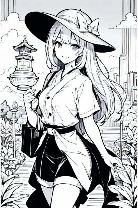 Coloring pages for adults, pretty girl, smile with an umbrella, Bust shot close-up, in cartoon style, hatching line, low detail, Geometric background, black and white, with out shading, --If 9:16, Korakuen Garden, Traditional landscape of Japan, beauty of ...