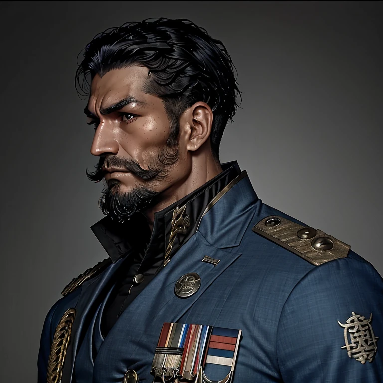 Naval officer，Asian，Warhammer，Gothic，Blue dress，facial details，beard，Nose scar