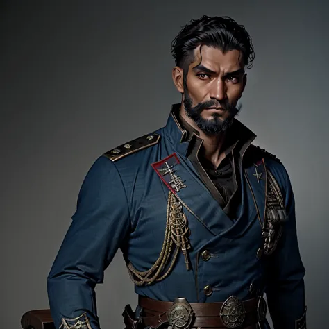 Naval officer，Asian，Warhammer，Gothic，Blue dress，facial details，beard，Nose scar