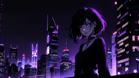 neon palette, 1girl, (masterpiece), short black hair, side swept bangs, dark purple eyes, oversized black shirt, black skirt, bl...