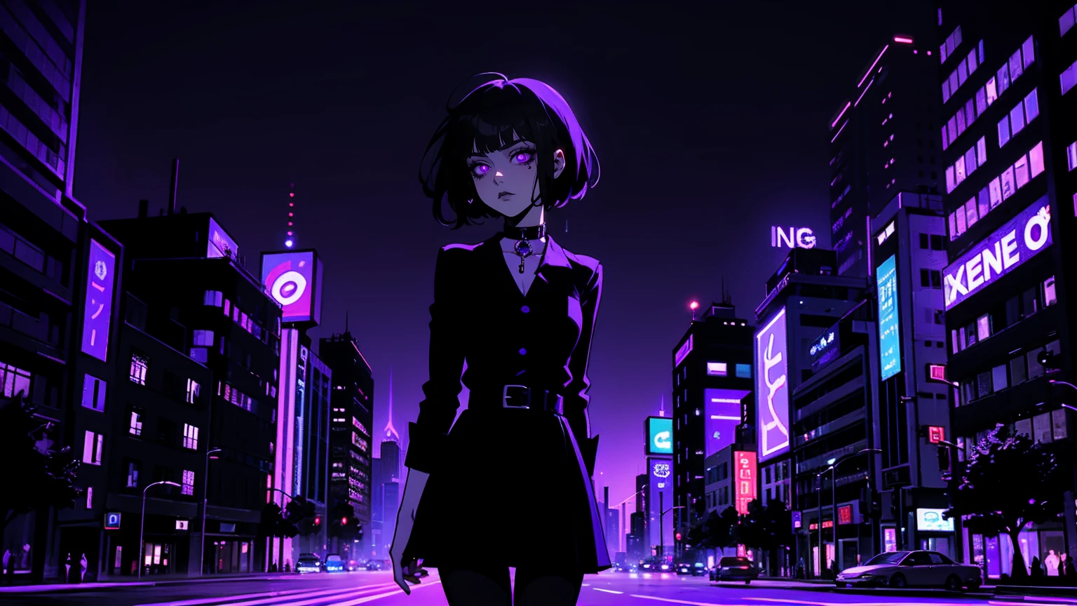 ネオンパレット, 1人の女の子, (傑作), 短い黒髪, サイドに流した前髪, 濃い紫色の目, 大きめの黒いシャツ, 黒いスカート, 黒パンスト, 首に黒いチョーカー. (紫のグラデーションの夜の街の背景:1.5)