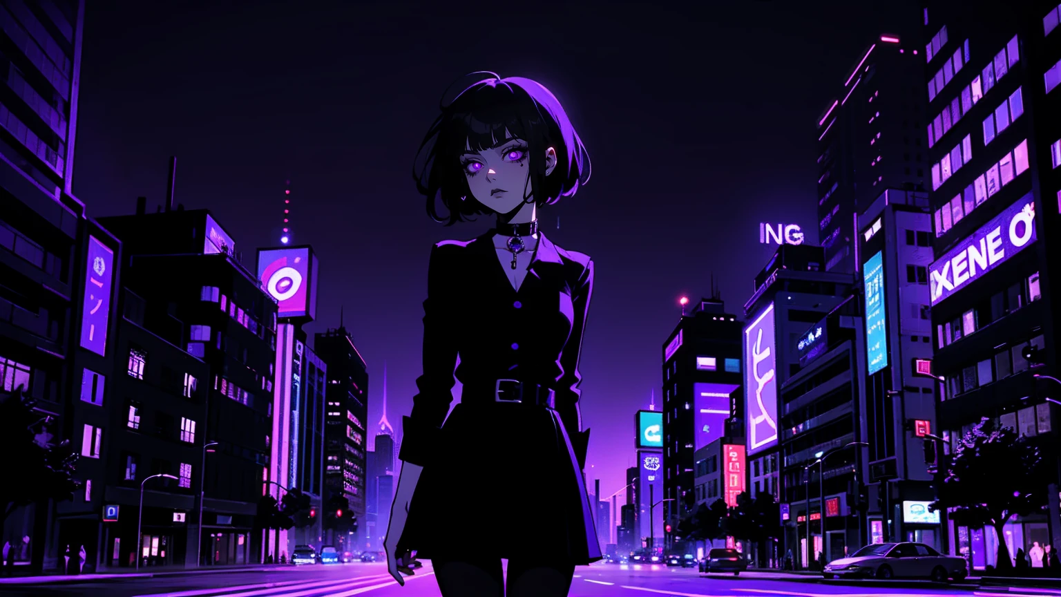 neon palette, 1girl, (masterpiece), short black hair, side swept bangs, dark purple eyes, oversized black shirt, black skirt, black pantyhose, black choker on neck. (purple gradient night time city background:1.5)