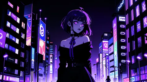 neon palette, 1girl, (masterpiece), short black hair, side swept bangs, dark purple eyes, oversized black shirt, black skirt, bl...