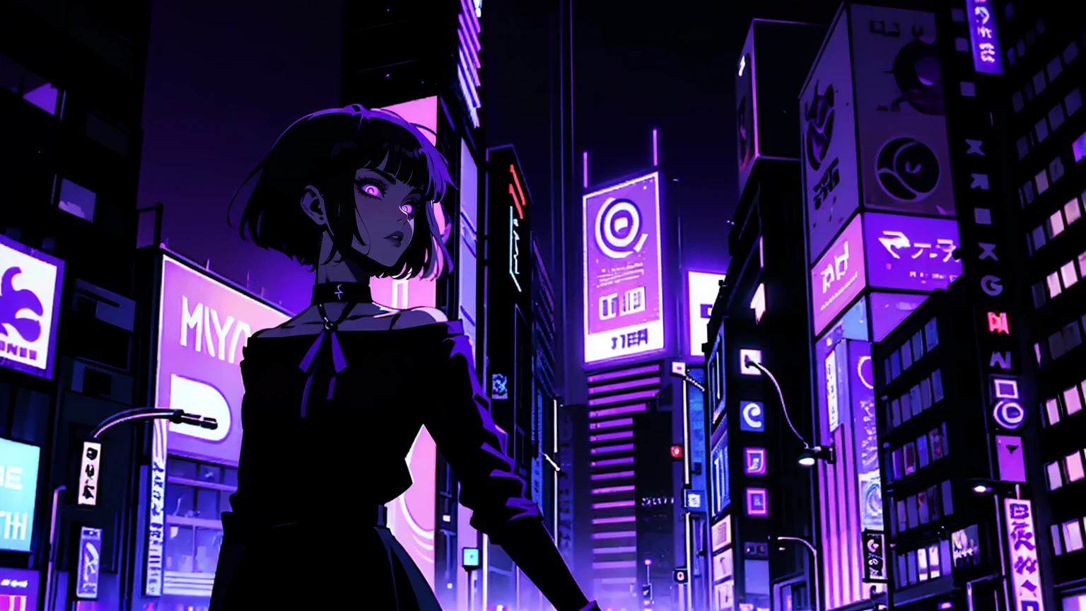 neon palette, 1girl, (masterpiece), short black hair, side swept bangs, dark purple eyes, oversized black shirt, black skirt, black pantyhose, black choker on neck. (purple gradient night time city background:1.5)