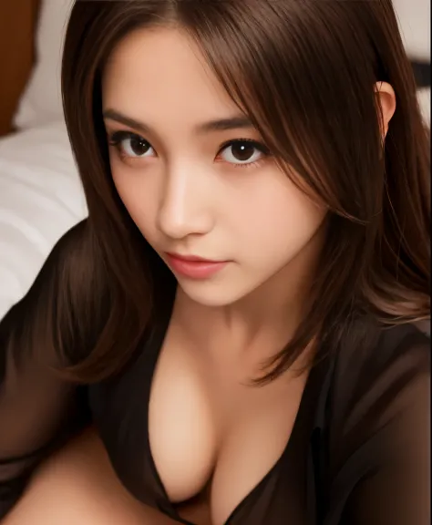 ((Midnight, Best quality, 8k, Masterpiece:1.3, Realistic)), Whole body, nude pose, Long legs:1.2, Sharp focus:1.2, A pretty woman with perfect figure, Slender abs, ((1 girl, Long dark brown hair, Medium breasts)), ((Silk black pajamas, Sit:1.4, Indoor bed)...