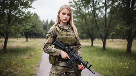 A young woman with blonde hair and green eyes, dressed in military attire, posing for a photo session while holding a rifle outdoors, reminiscent of Call of Duty and Escape from Tarkov's Private Military Company (PMC), with the Israeli flag in the backgrou...